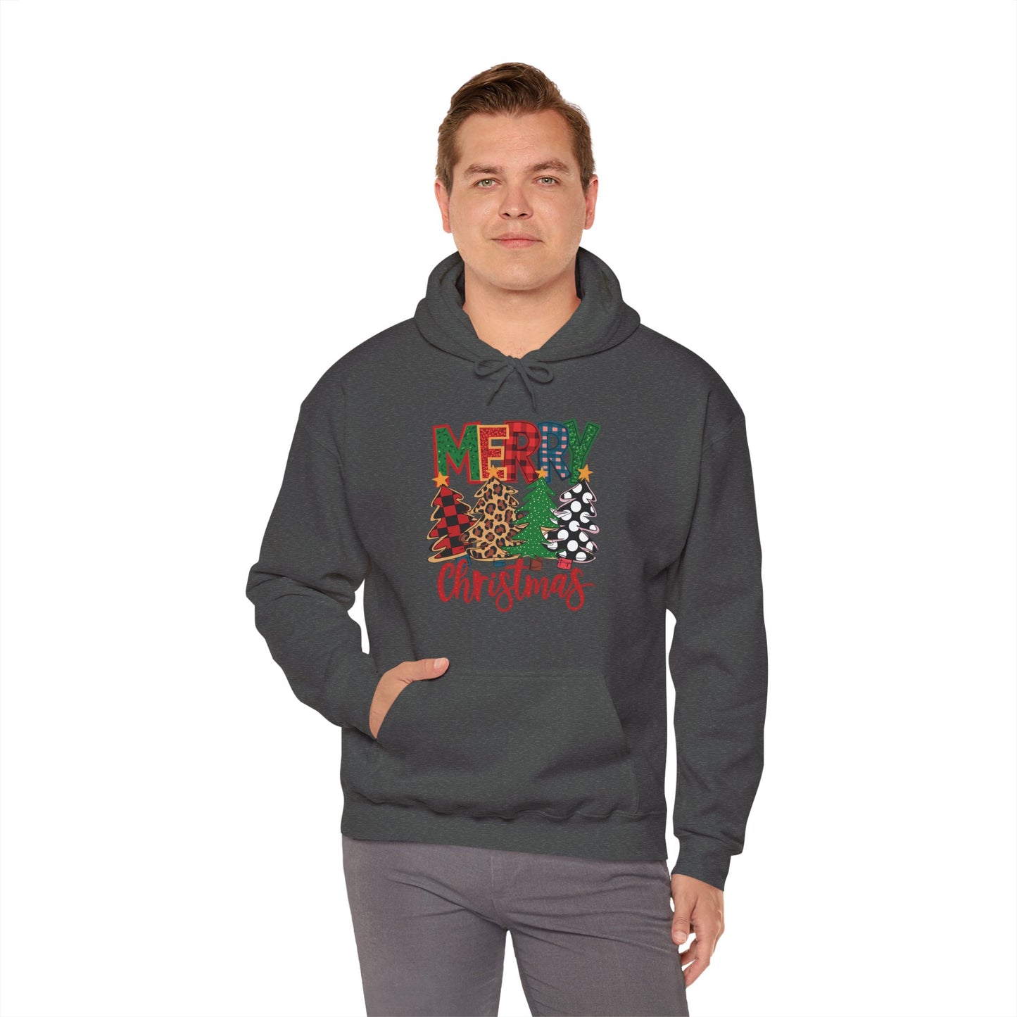 Merry Christmas Pine Tree Hoodie — Festive Buffalo Plaid Holiday Sweatshirt