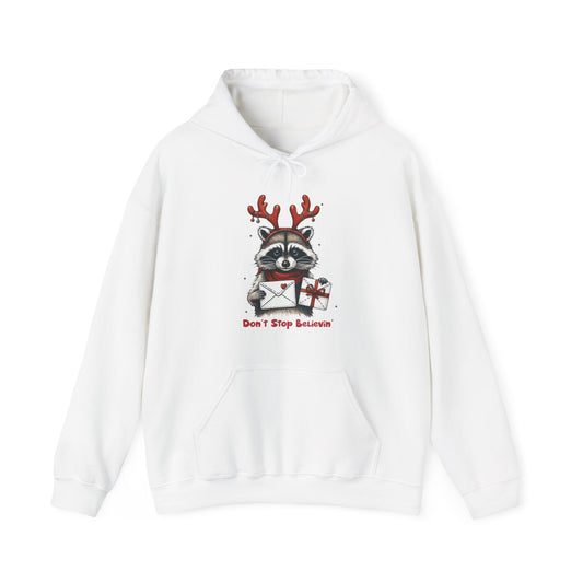 Christmas Raccoon Hoodie — 'Don't Stop Believin'' Festive Holiday Sweatshirt