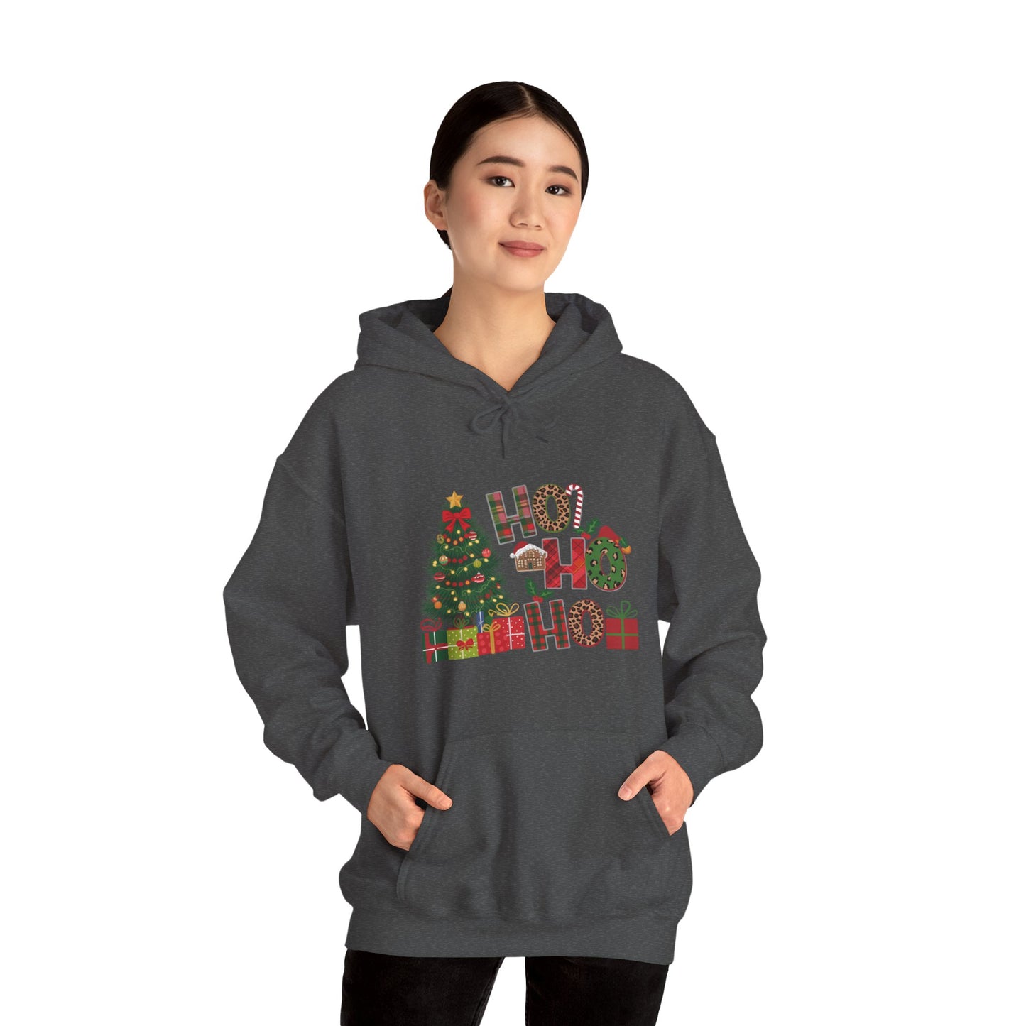 Christmas 'Ho Ho Ho' Hoodie with Tree & Gifts - Festive Holiday Sweatshirt