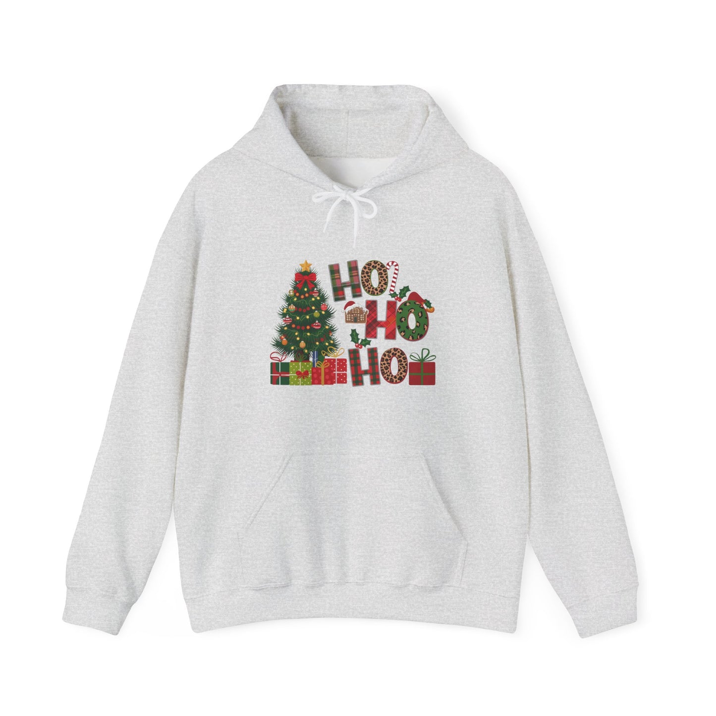 Christmas 'Ho Ho Ho' Hoodie with Tree & Gifts - Festive Holiday Sweatshirt