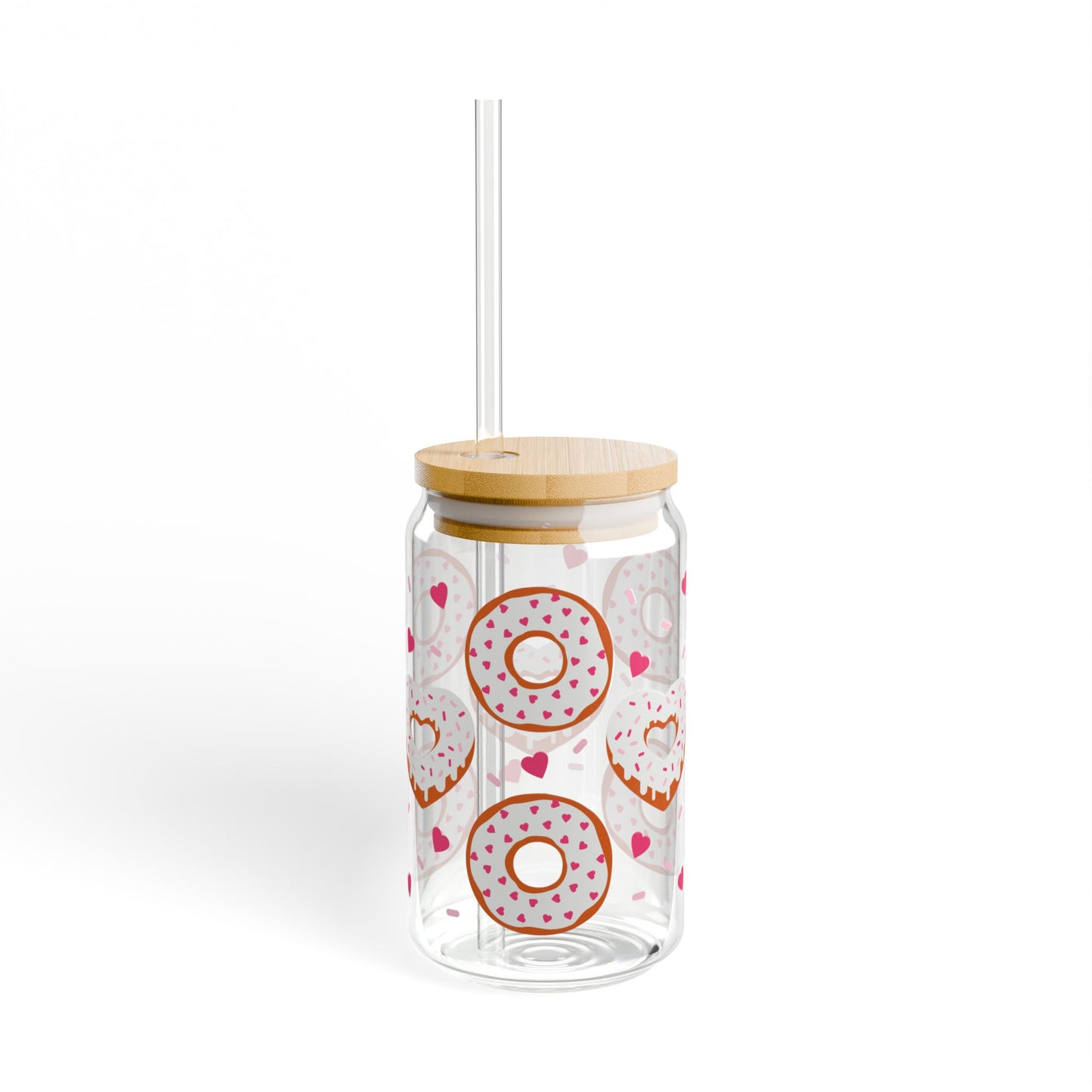 Donut Hearts 16oz Sipper Glass — Clear Tumbler with Straw & Bamboo Lid
