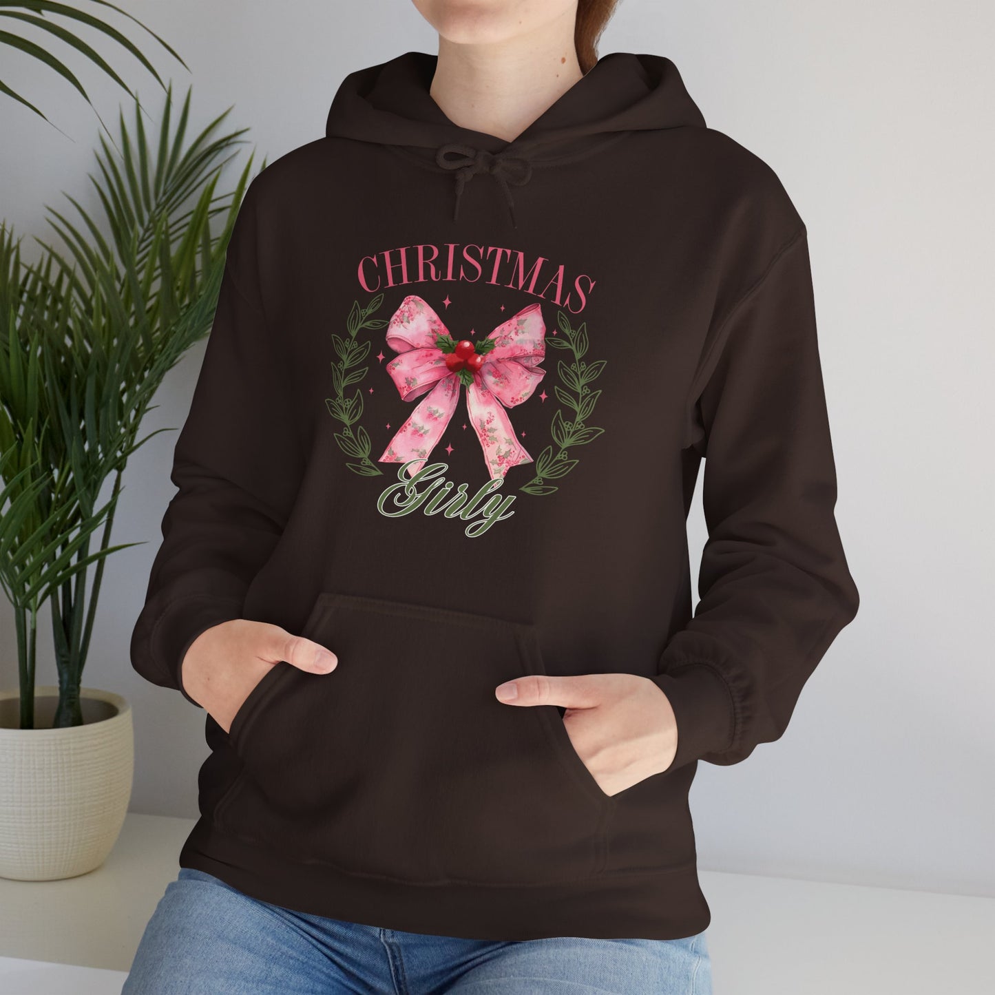 Christmas Girly Hoodie – Pink Bow Wreath Holiday Sweatshirt