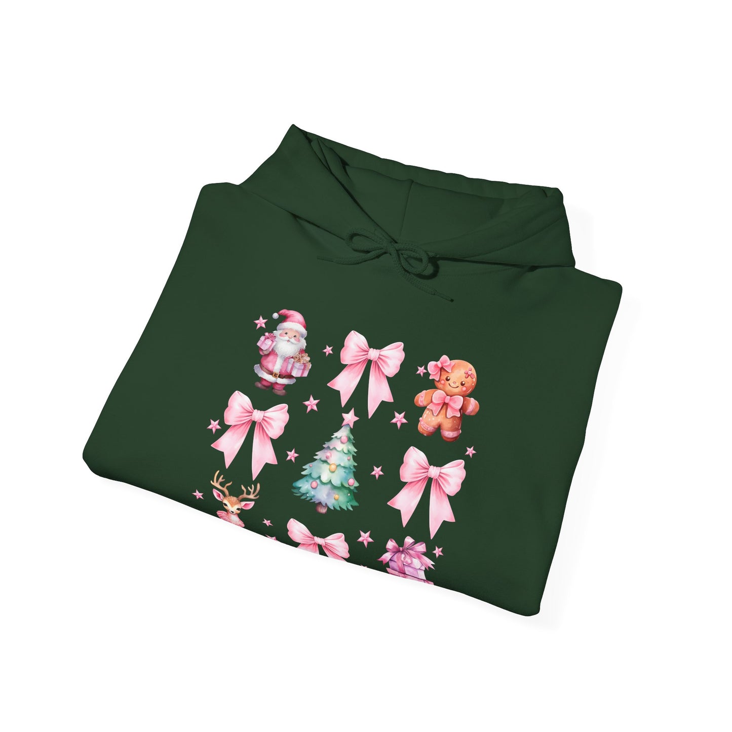 Christmas Graphic Hoodie — Pink Holiday Icons (Santa, Tree, Gingerbread, Bows)