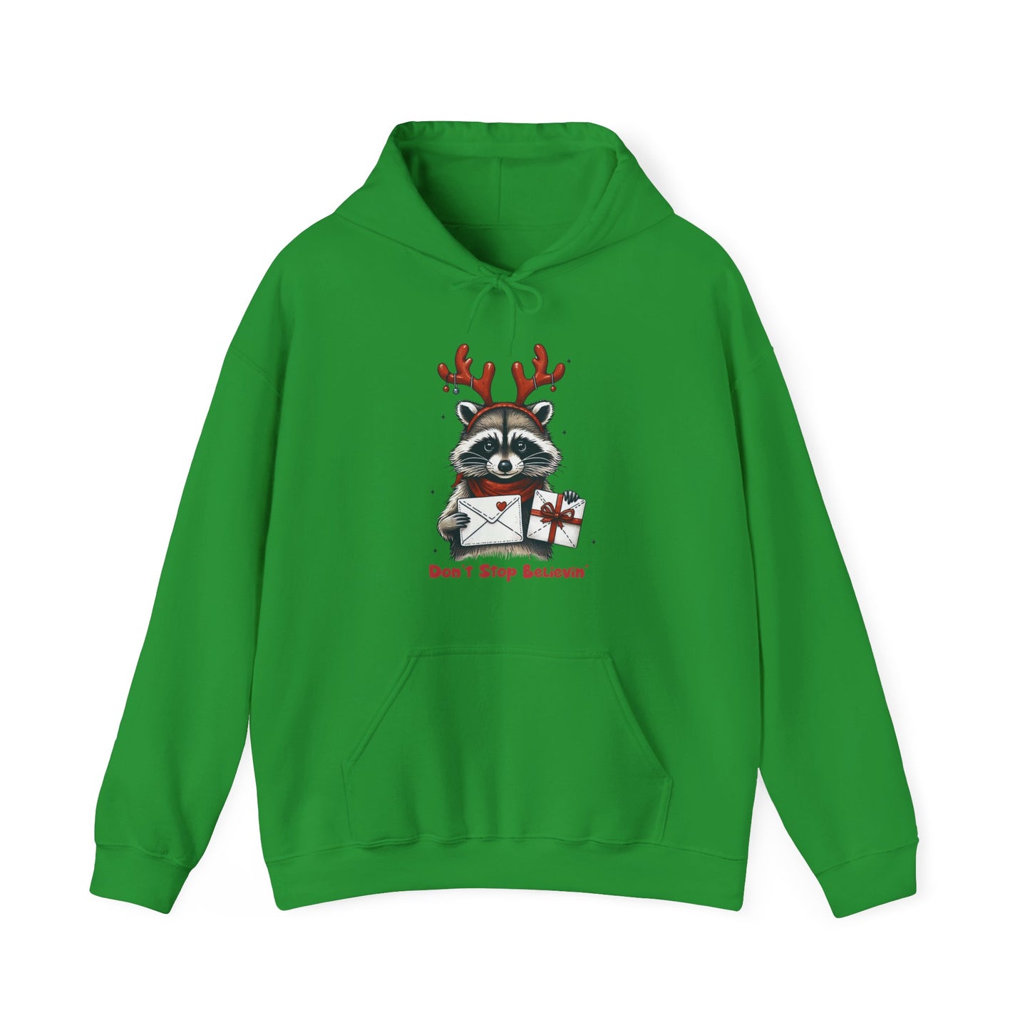 Christmas Raccoon Hoodie — 'Don't Stop Believin'' Festive Holiday Sweatshirt