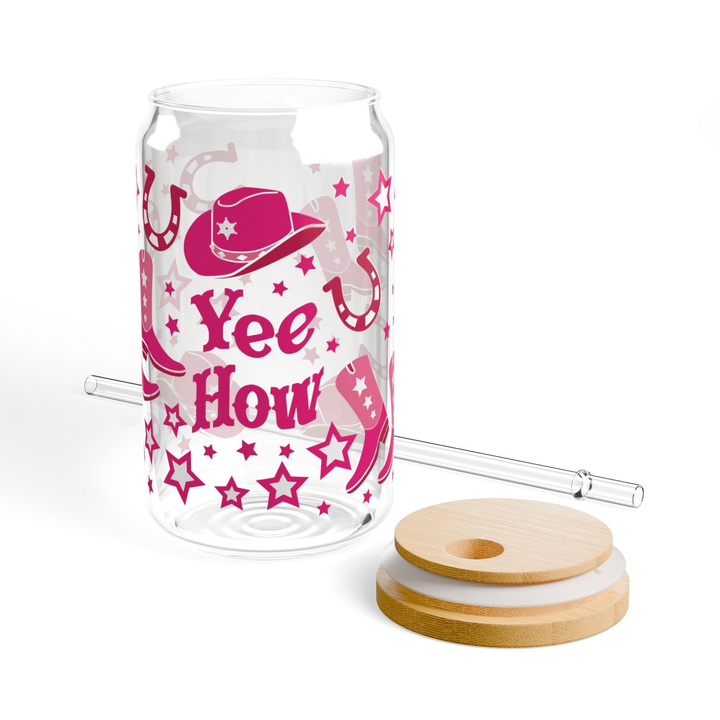 Cowgirl Sipper Glass 16oz — Pink Boots, Hats & 'Yee How' Mason Tumbler