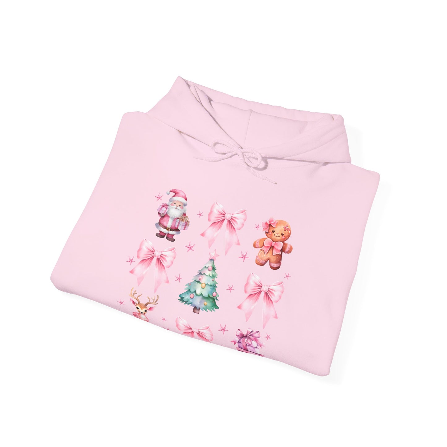 Christmas Graphic Hoodie — Pink Holiday Icons (Santa, Tree, Gingerbread, Bows)