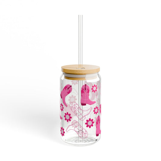 16oz Sipper Glass — Pink Cowgirl Boots & Flowers Travel Tumbler