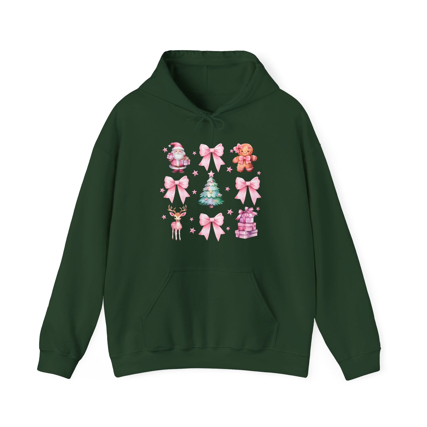 Christmas Graphic Hoodie — Pink Holiday Icons (Santa, Tree, Gingerbread, Bows)