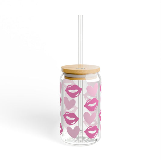 Kiss & Hearts Sipper Glass — 16oz Pink Lip Print Tumbler with Straw