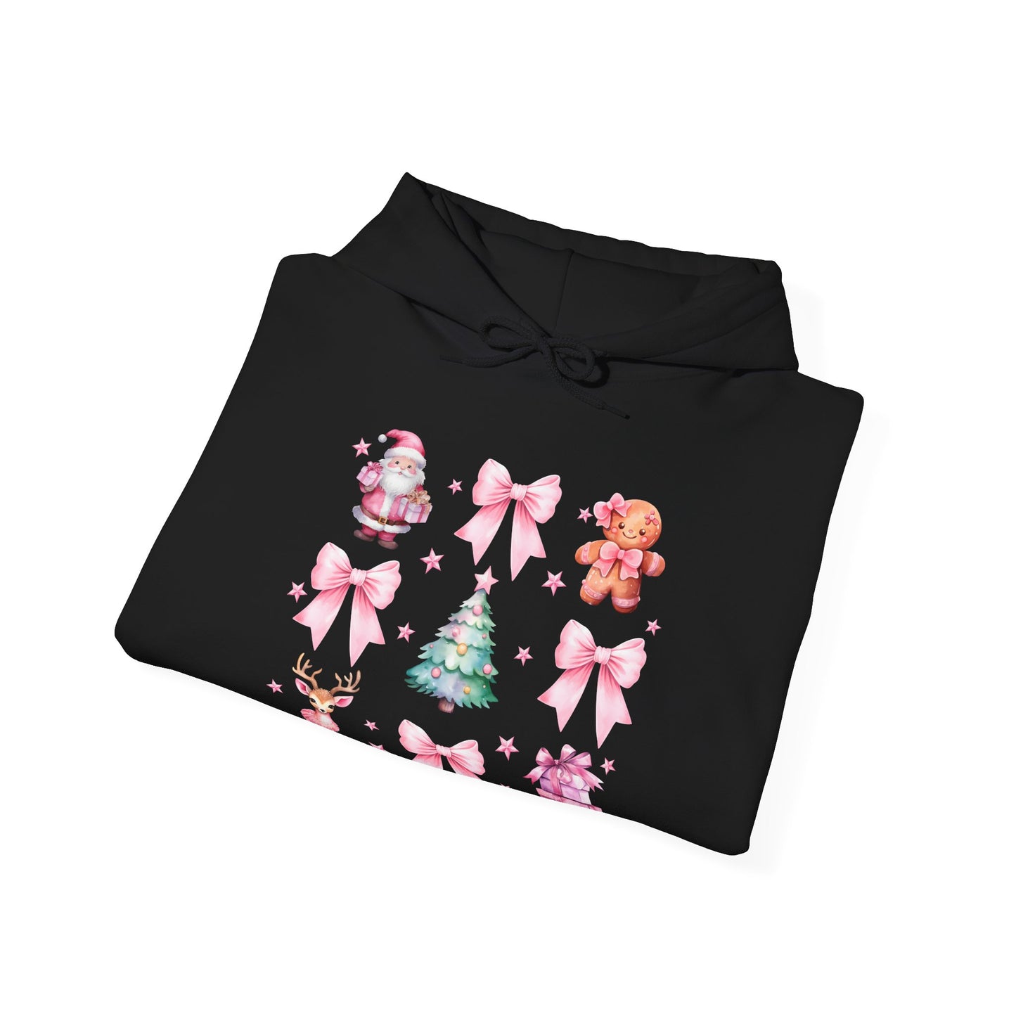 Christmas Graphic Hoodie — Pink Holiday Icons (Santa, Tree, Gingerbread, Bows)