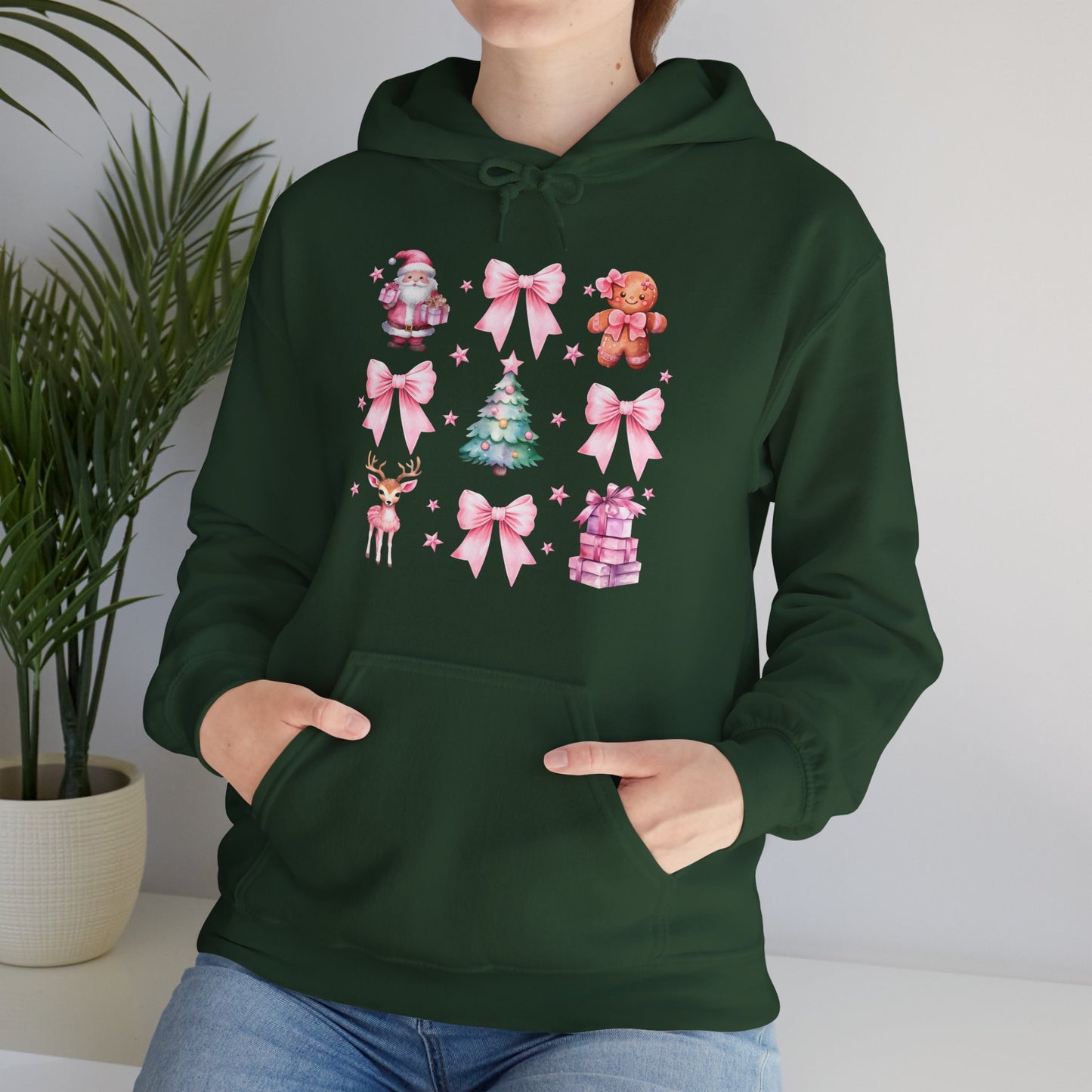 Christmas Graphic Hoodie — Pink Holiday Icons (Santa, Tree, Gingerbread, Bows)