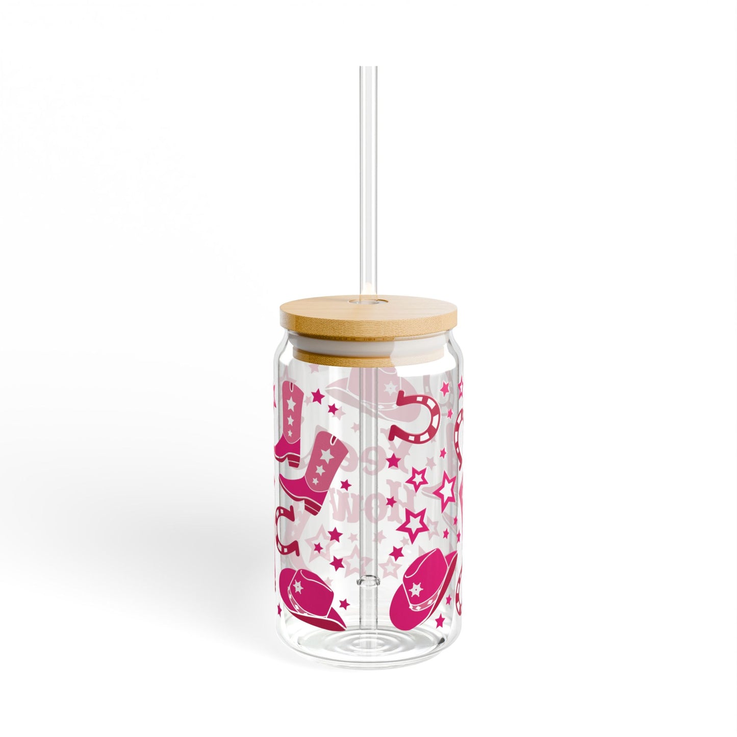 Cowgirl Sipper Glass 16oz — Pink Boots, Hats & 'Yee How' Mason Tumbler