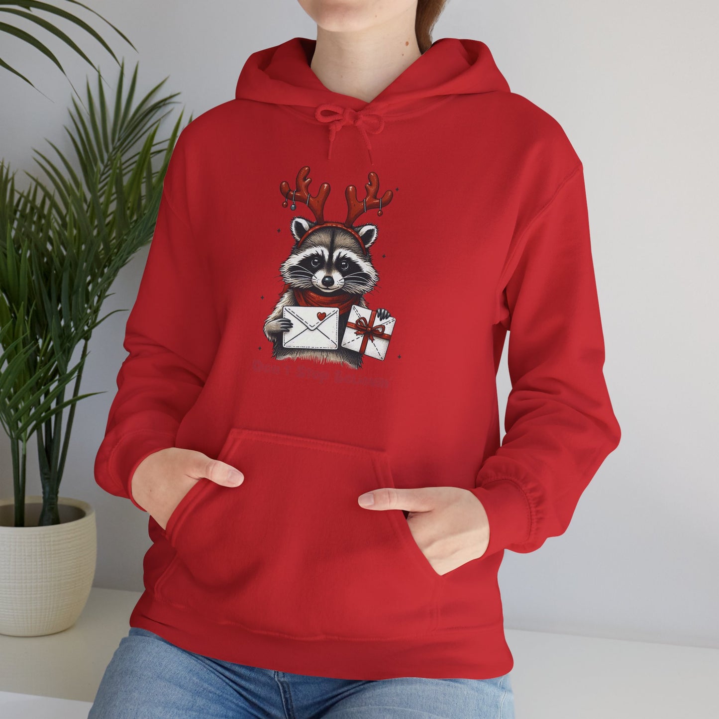 Christmas Raccoon Hoodie — 'Don't Stop Believin'' Festive Holiday Sweatshirt