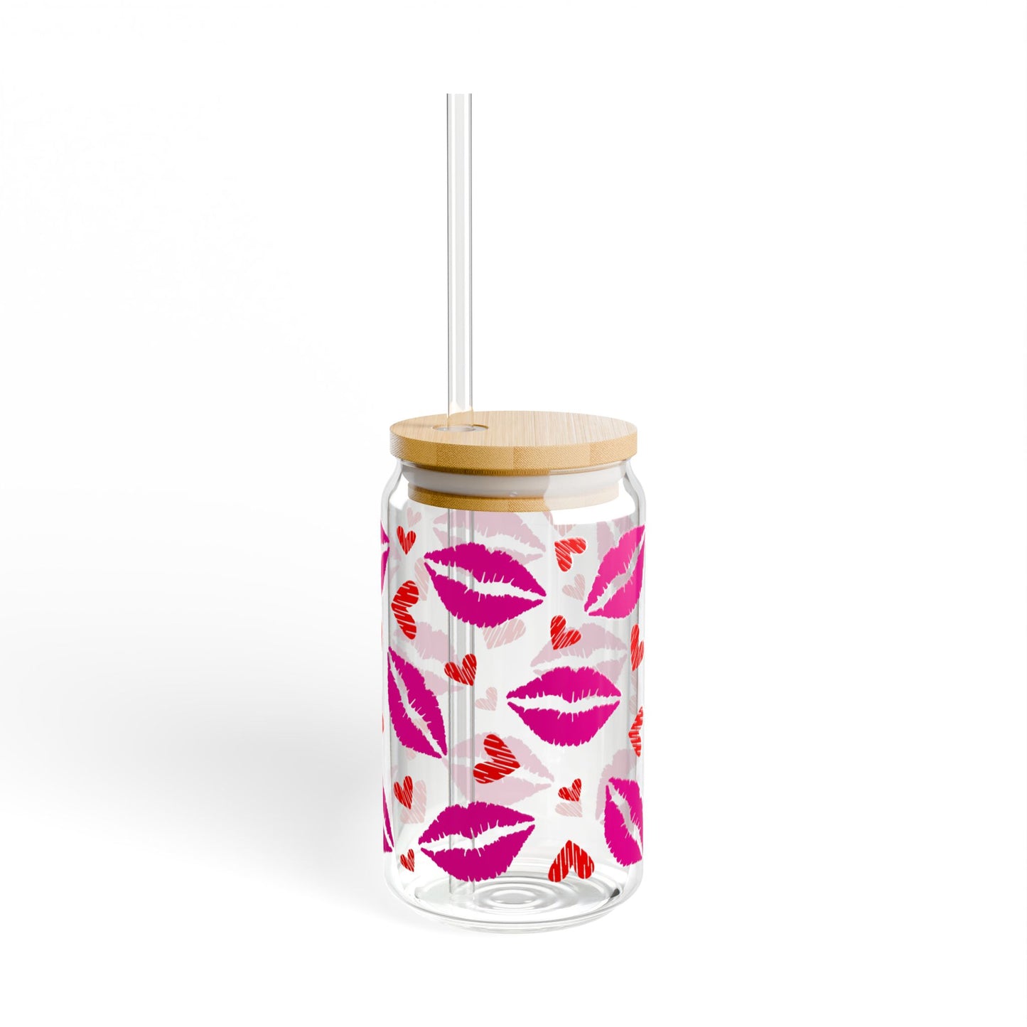 Kiss Print 16oz Sipper Glass with Straw – Cute Lip & Hearts Cold Drink Tumbler