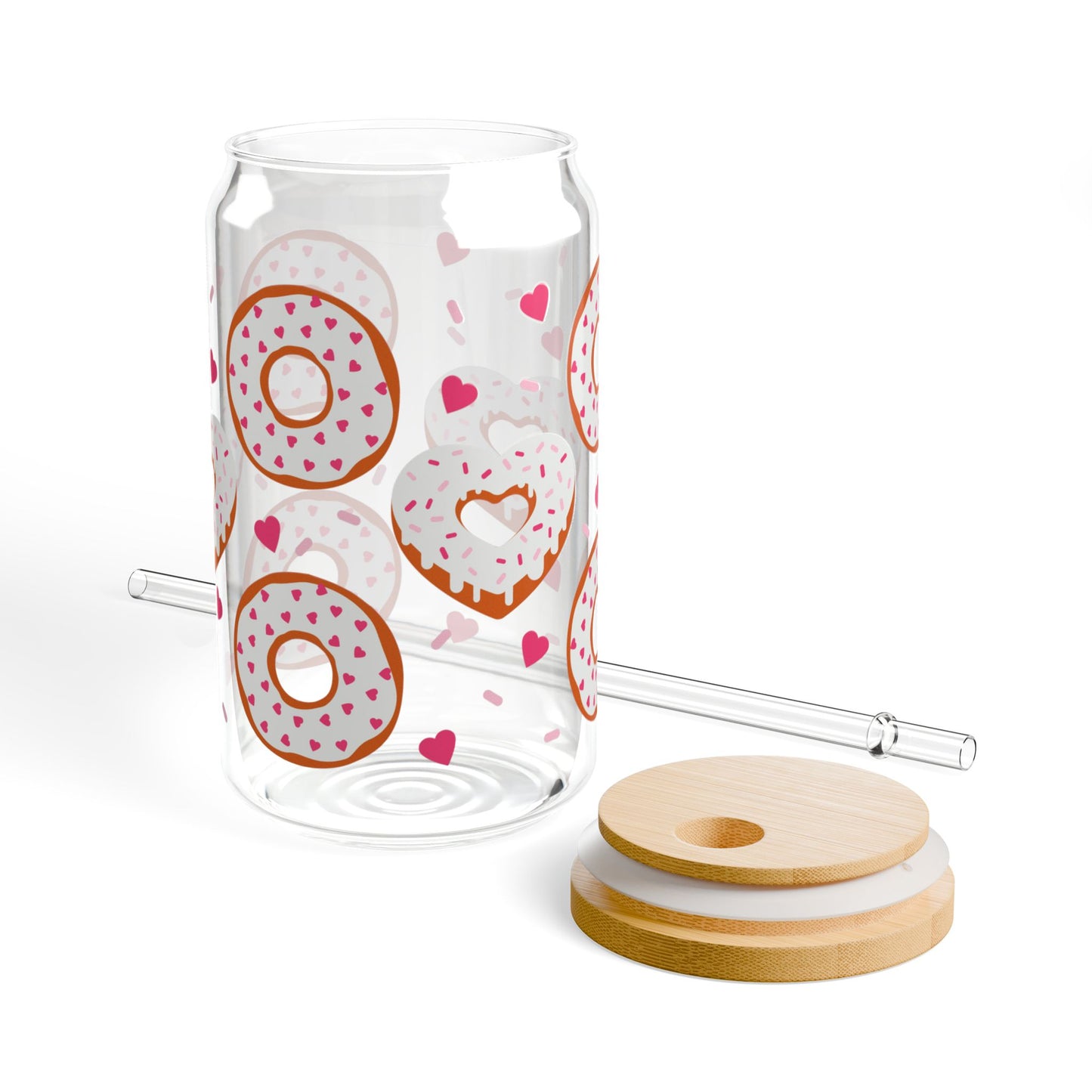 Donut Hearts 16oz Sipper Glass — Clear Tumbler with Straw & Bamboo Lid