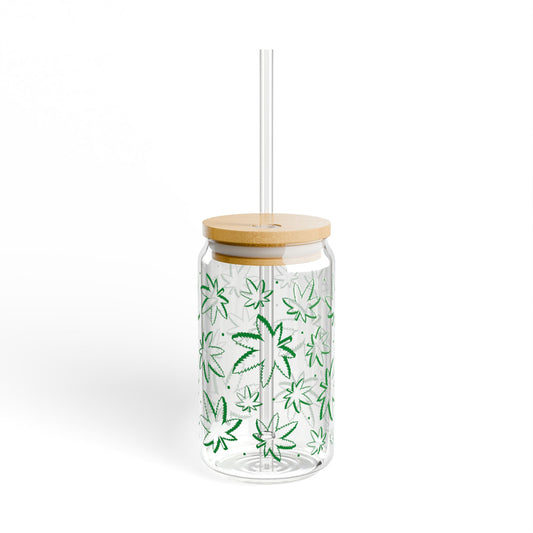Leaf Pattern 16oz Glass Sipper with Bamboo Lid & Straw