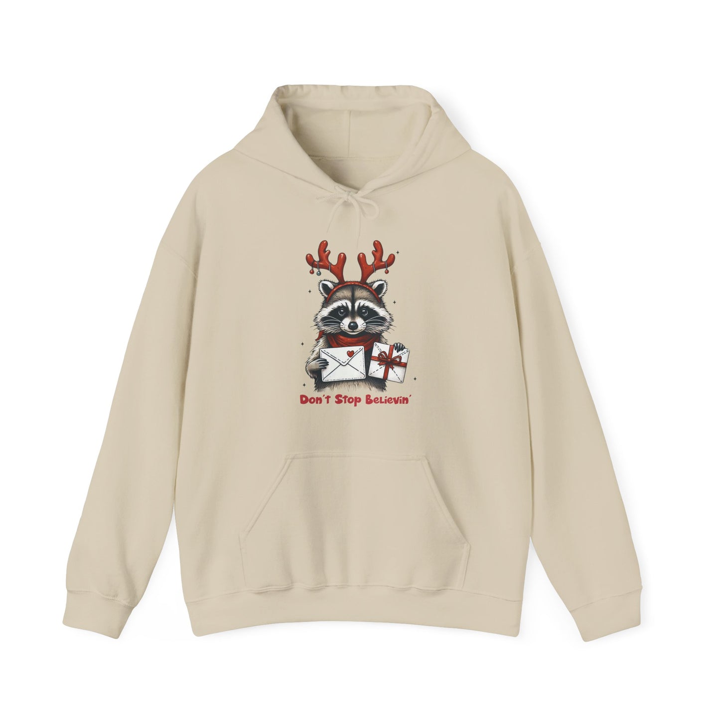 Christmas Raccoon Hoodie — 'Don't Stop Believin'' Festive Holiday Sweatshirt