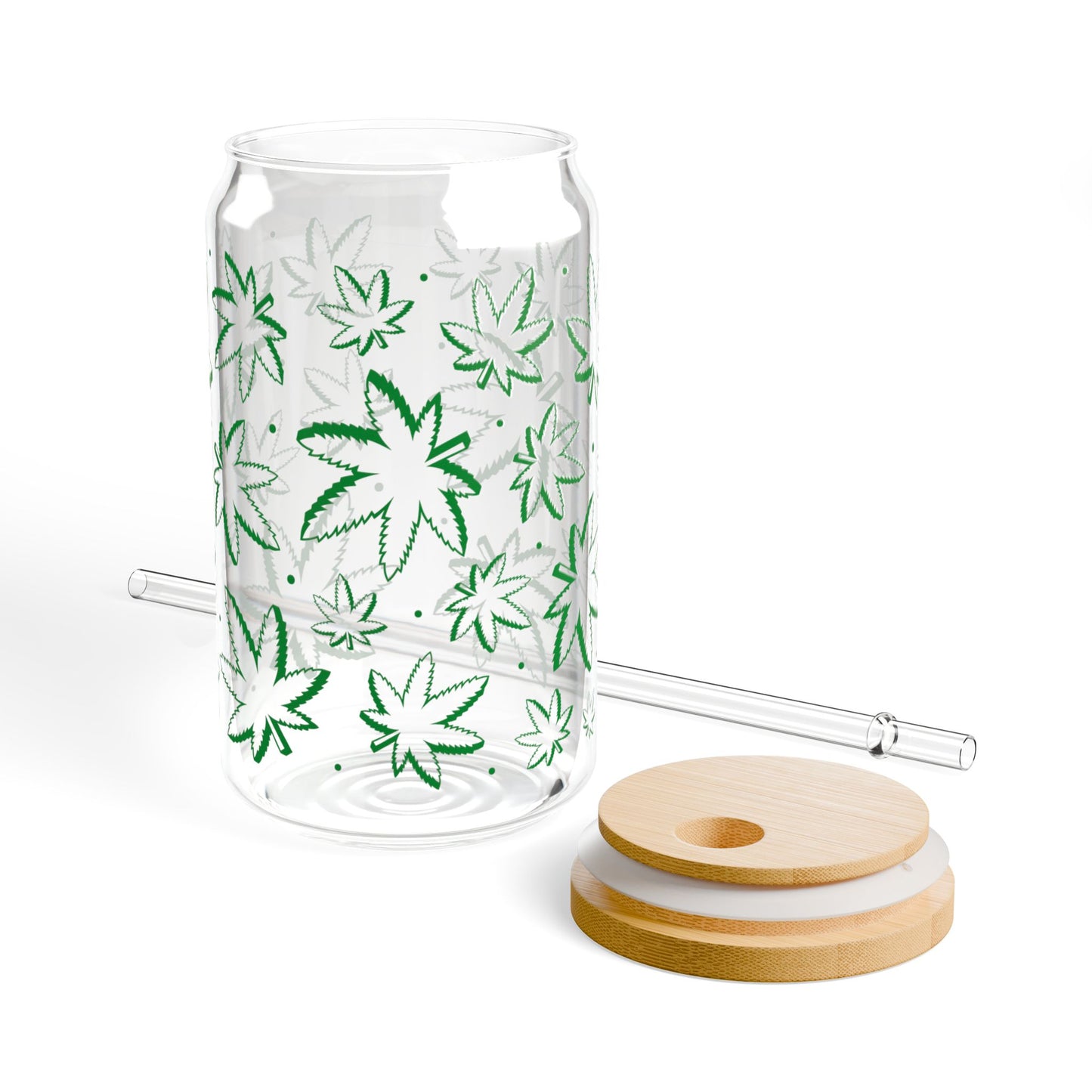 Leaf Pattern 16oz Glass Sipper with Bamboo Lid & Straw