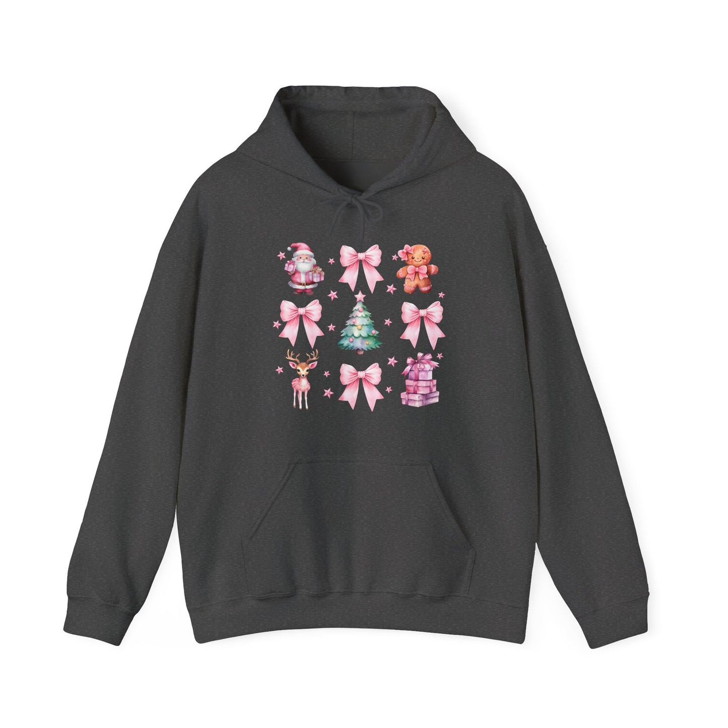 Christmas Graphic Hoodie — Pink Holiday Icons (Santa, Tree, Gingerbread, Bows)