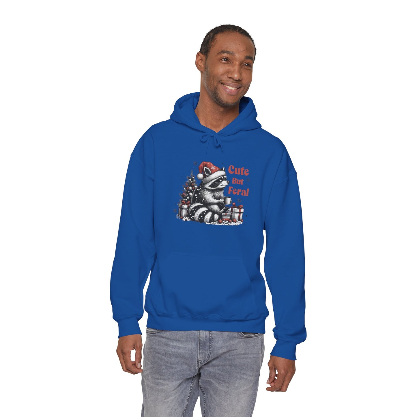 Cute But Feral Raccoon Holiday Hoodie — Christmas Animal Graphic Sweatshirt