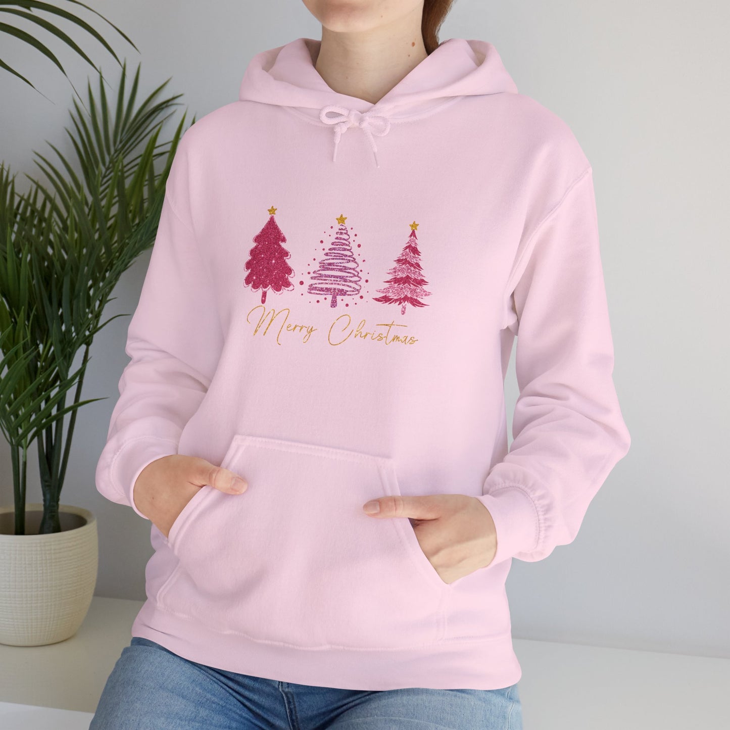 Christmas Pink Tree Hoodie — Merry Christmas Script Holiday Sweatshirt