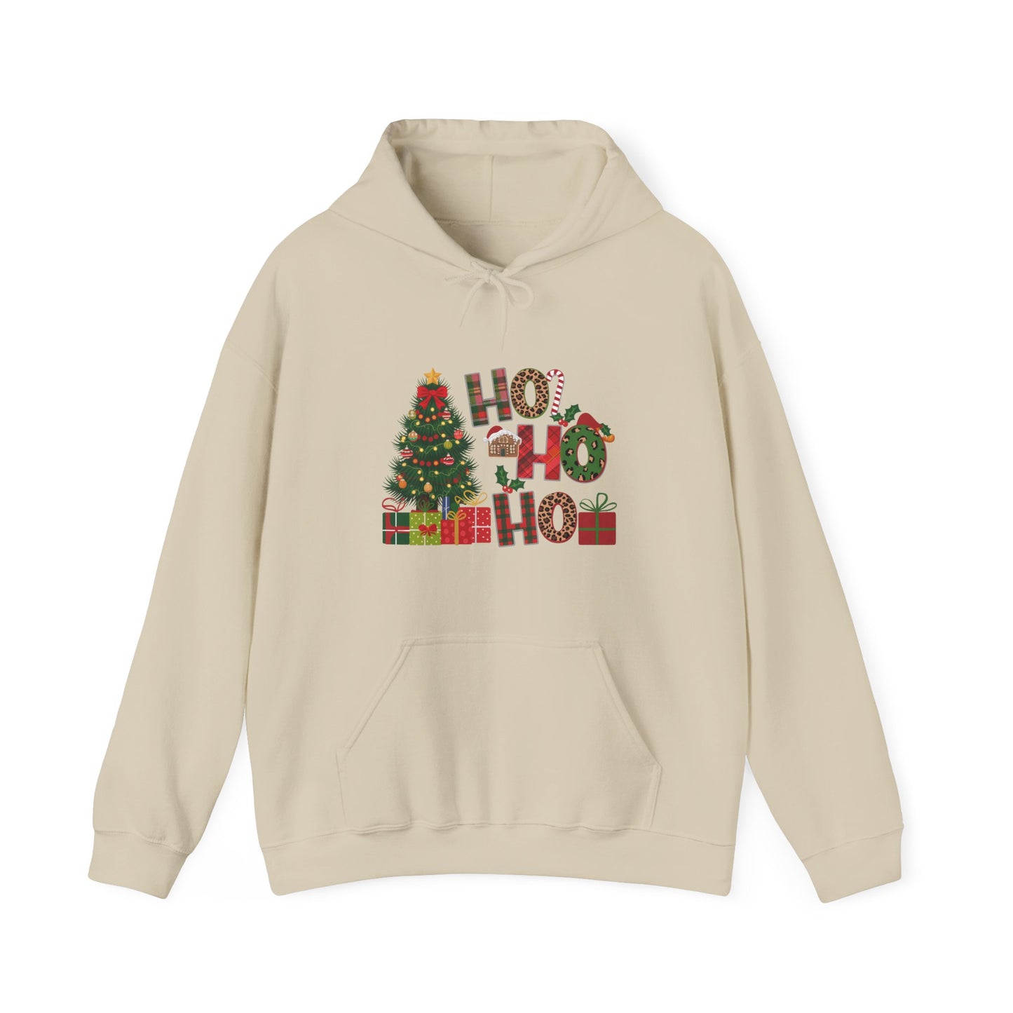 Christmas 'Ho Ho Ho' Hoodie with Tree & Gifts - Festive Holiday Sweatshirt