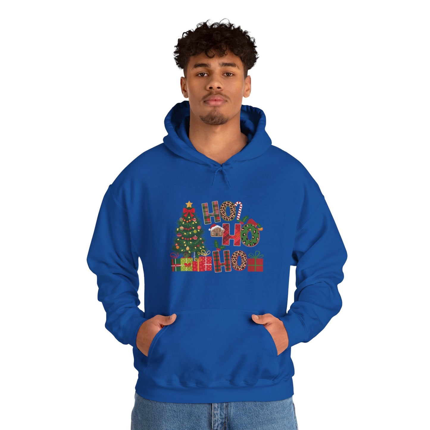 Christmas 'Ho Ho Ho' Hoodie with Tree & Gifts - Festive Holiday Sweatshirt