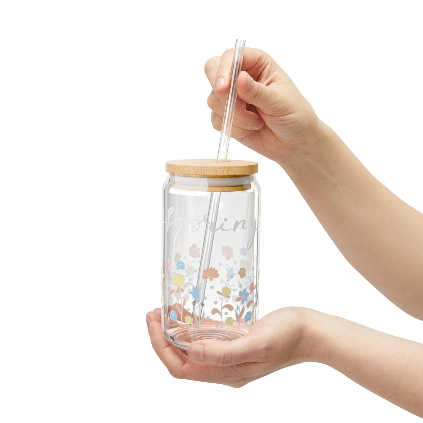 16oz Floral Sipper Glass Tumbler with Bamboo Lid & Straw — Pretty Pastel Flower Design