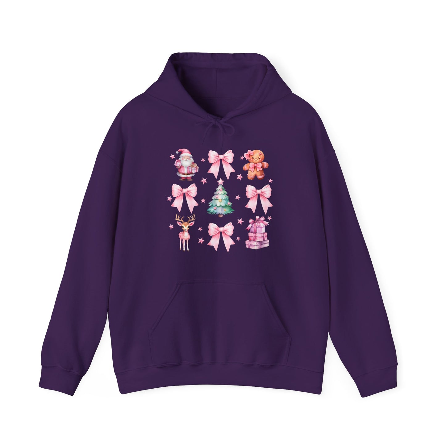 Christmas Graphic Hoodie — Pink Holiday Icons (Santa, Tree, Gingerbread, Bows)