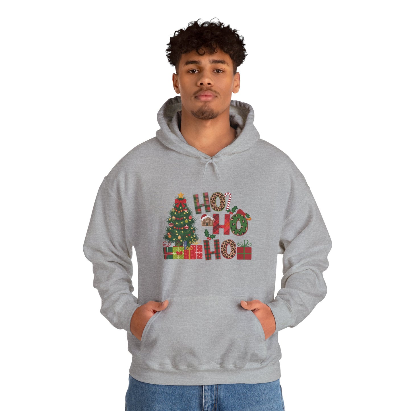 Christmas 'Ho Ho Ho' Hoodie with Tree & Gifts - Festive Holiday Sweatshirt