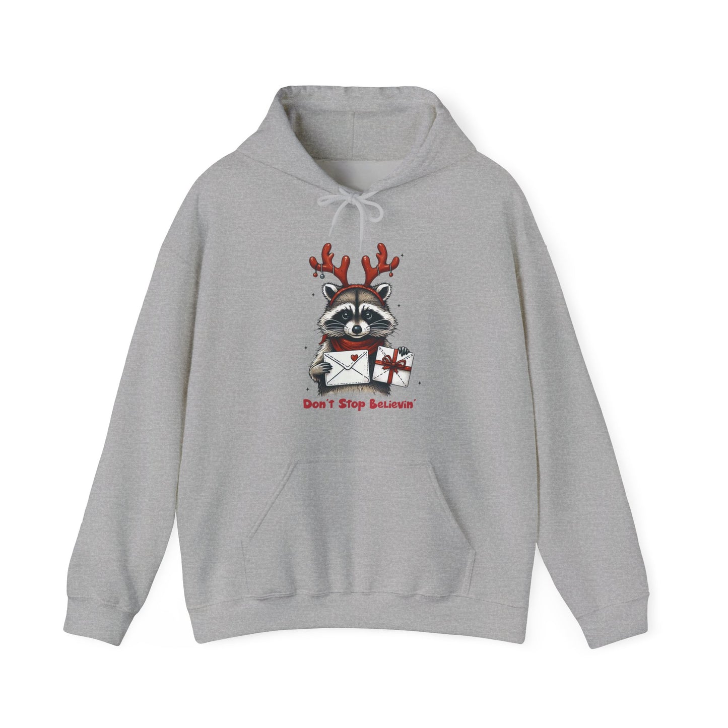 Christmas Raccoon Hoodie — 'Don't Stop Believin'' Festive Holiday Sweatshirt