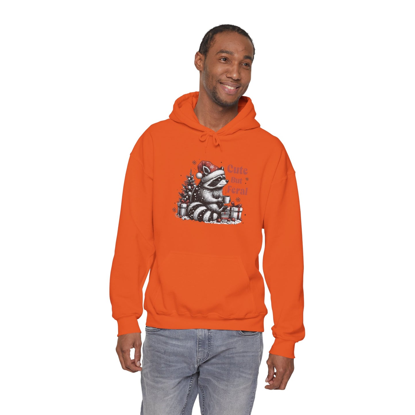 Cute But Feral Raccoon Holiday Hoodie — Christmas Animal Graphic Sweatshirt