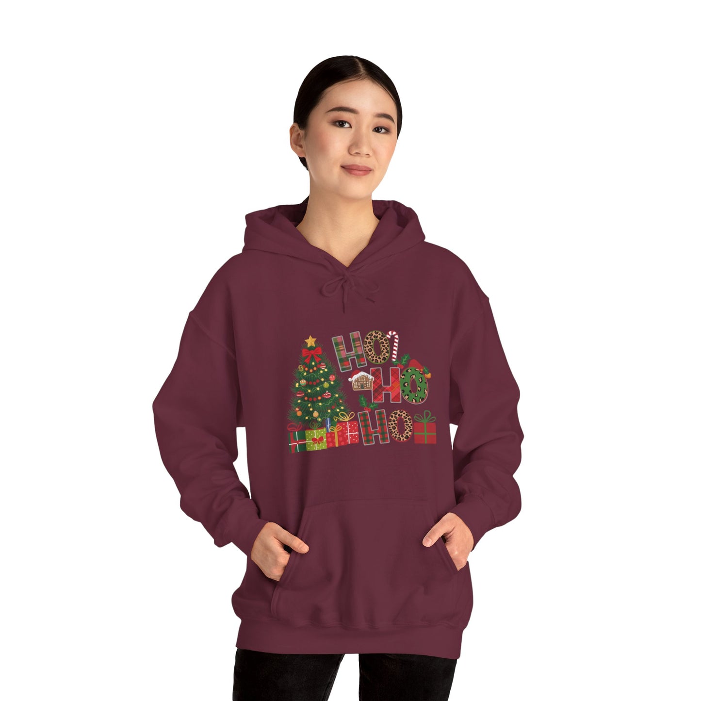 Christmas 'Ho Ho Ho' Hoodie with Tree & Gifts - Festive Holiday Sweatshirt