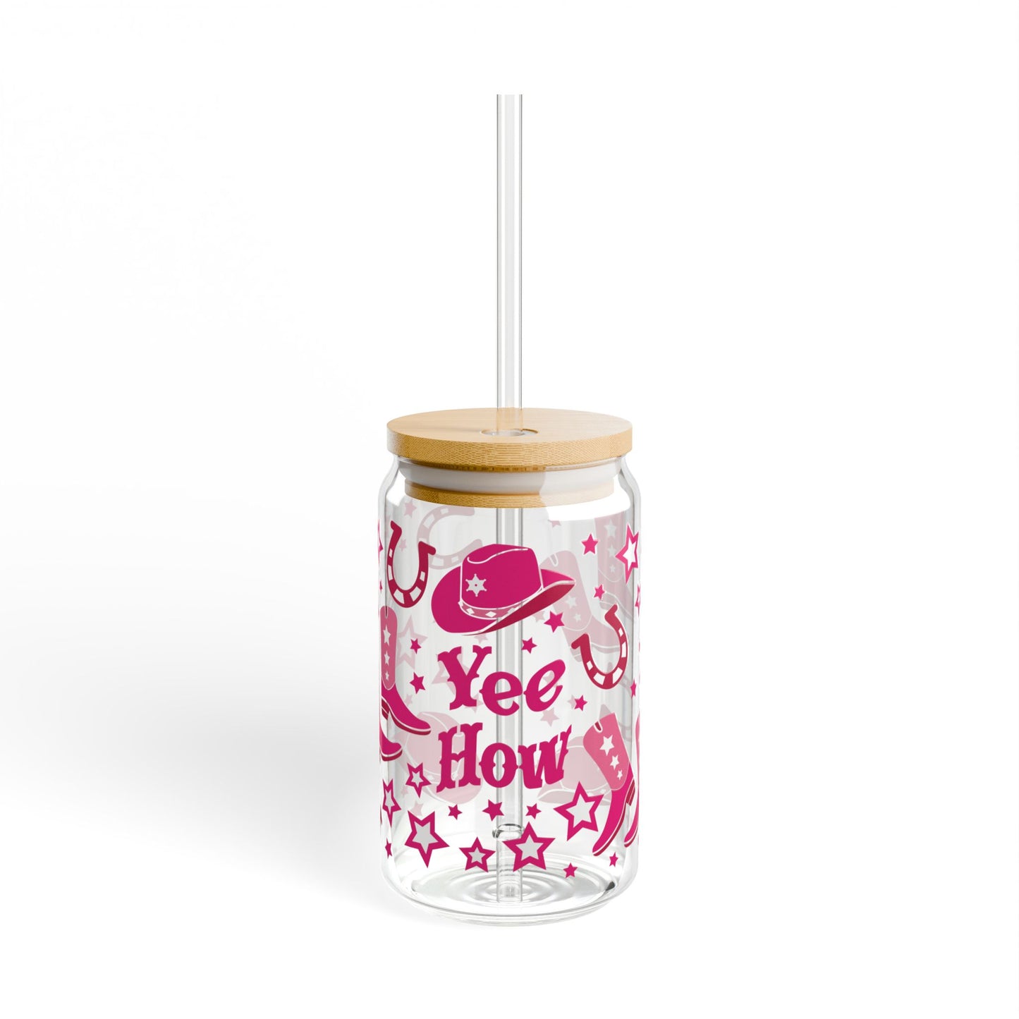 Cowgirl Sipper Glass 16oz — Pink Boots, Hats & 'Yee How' Mason Tumbler