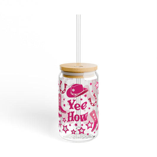 Cowgirl Sipper Glass 16oz — Pink Boots, Hats & 'Yee How' Mason Tumbler
