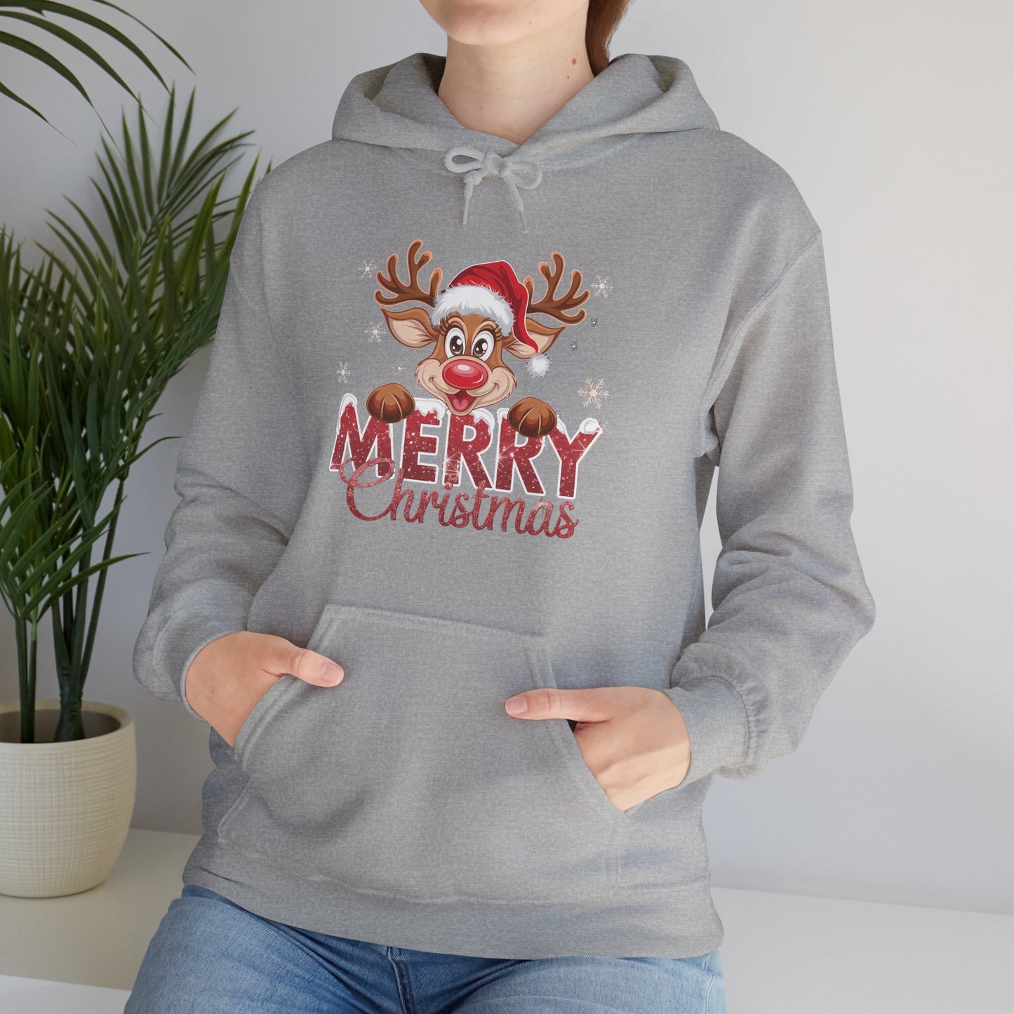 Christmas Reindeer Hoodie - 'Merry Christmas' Cute Santa Reindeer Holiday Sweatshirt