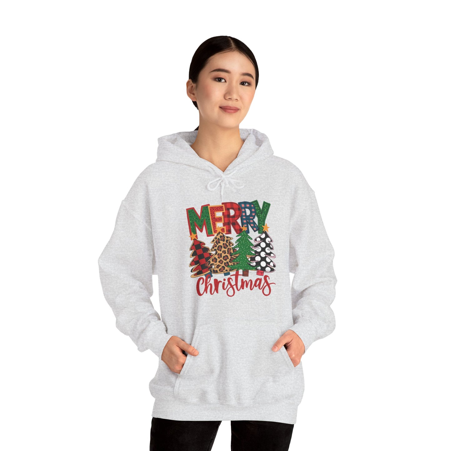 Merry Christmas Pine Tree Hoodie — Festive Buffalo Plaid Holiday Sweatshirt