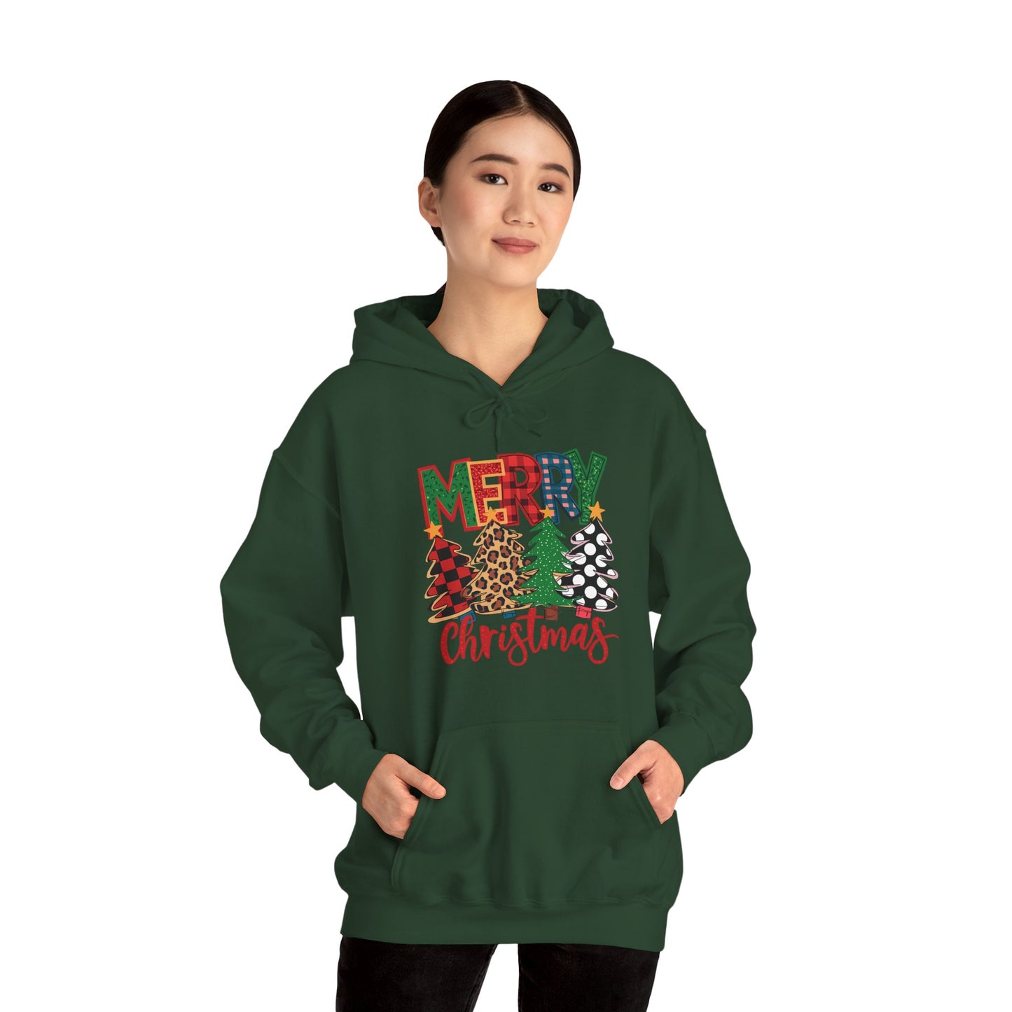 Merry Christmas Pine Tree Hoodie — Festive Buffalo Plaid Holiday Sweatshirt