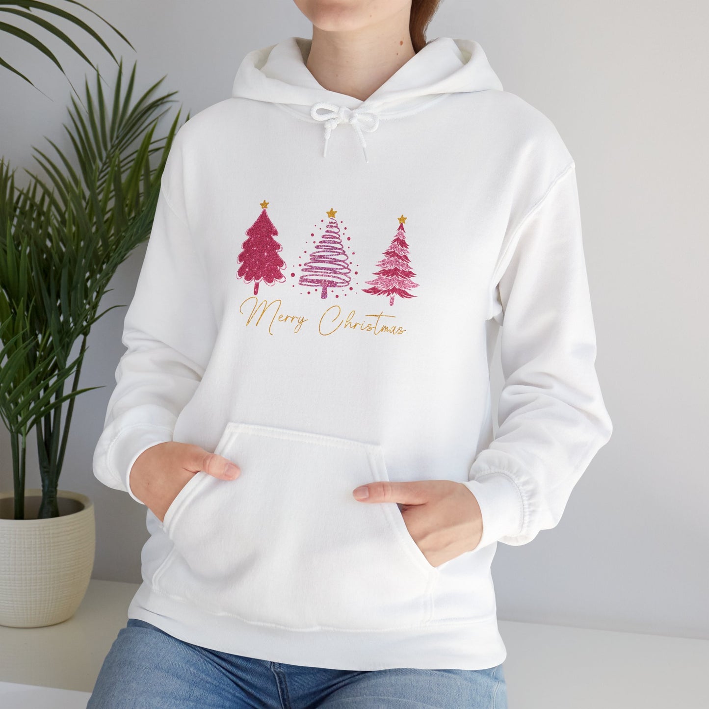 Christmas Pink Tree Hoodie — Merry Christmas Script Holiday Sweatshirt