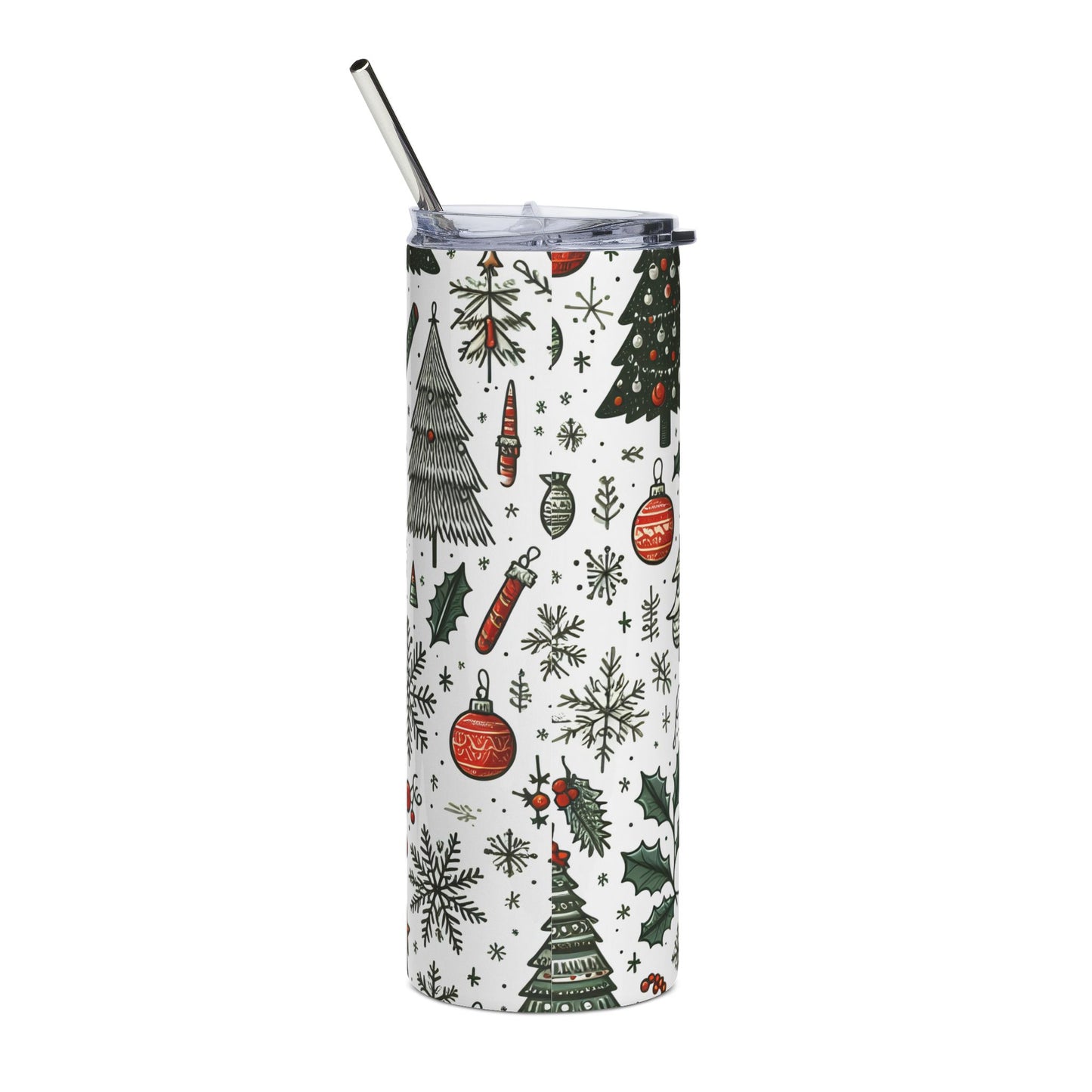Christmas Holiday Skinny Tumbler 20oz — Festive Tree & Ornaments Stainless Steel Travel Cup