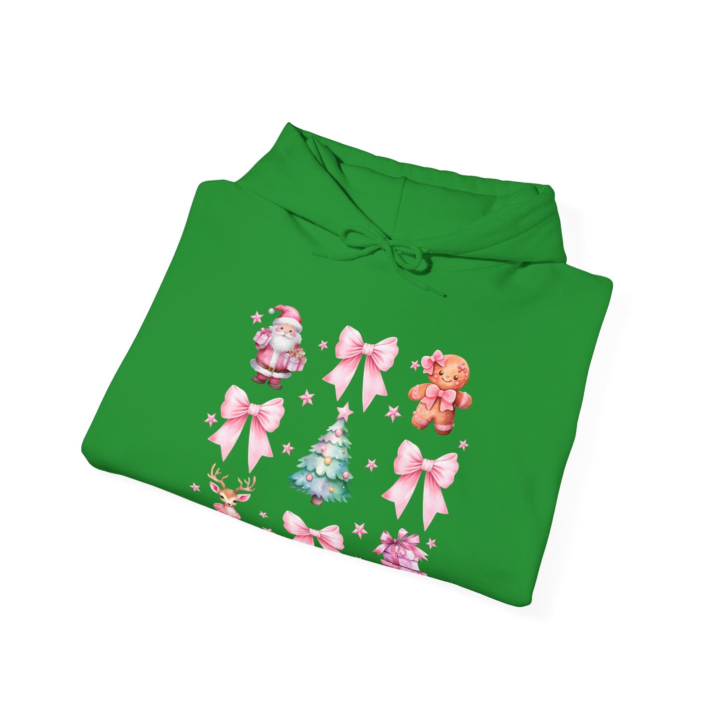 Christmas Graphic Hoodie — Pink Holiday Icons (Santa, Tree, Gingerbread, Bows)