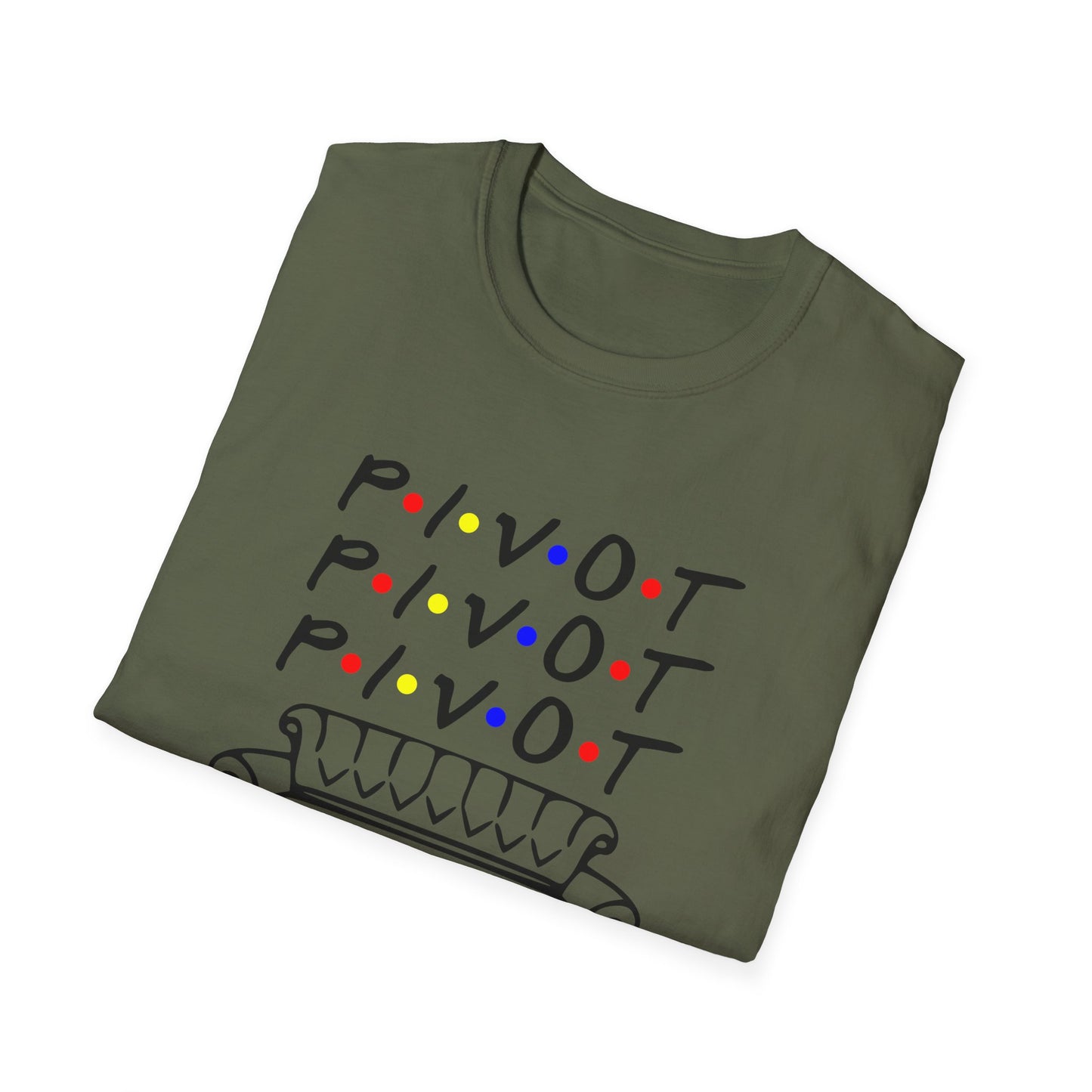 Pivot Couch T‑Shirt – "PIVOT" & "Shut Up" Friends Quote Tee