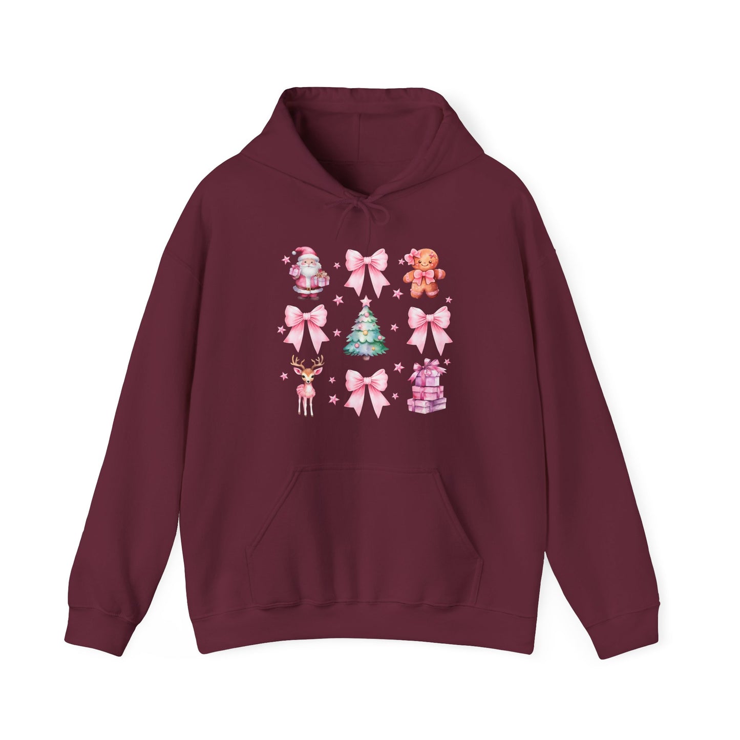 Christmas Graphic Hoodie — Pink Holiday Icons (Santa, Tree, Gingerbread, Bows)