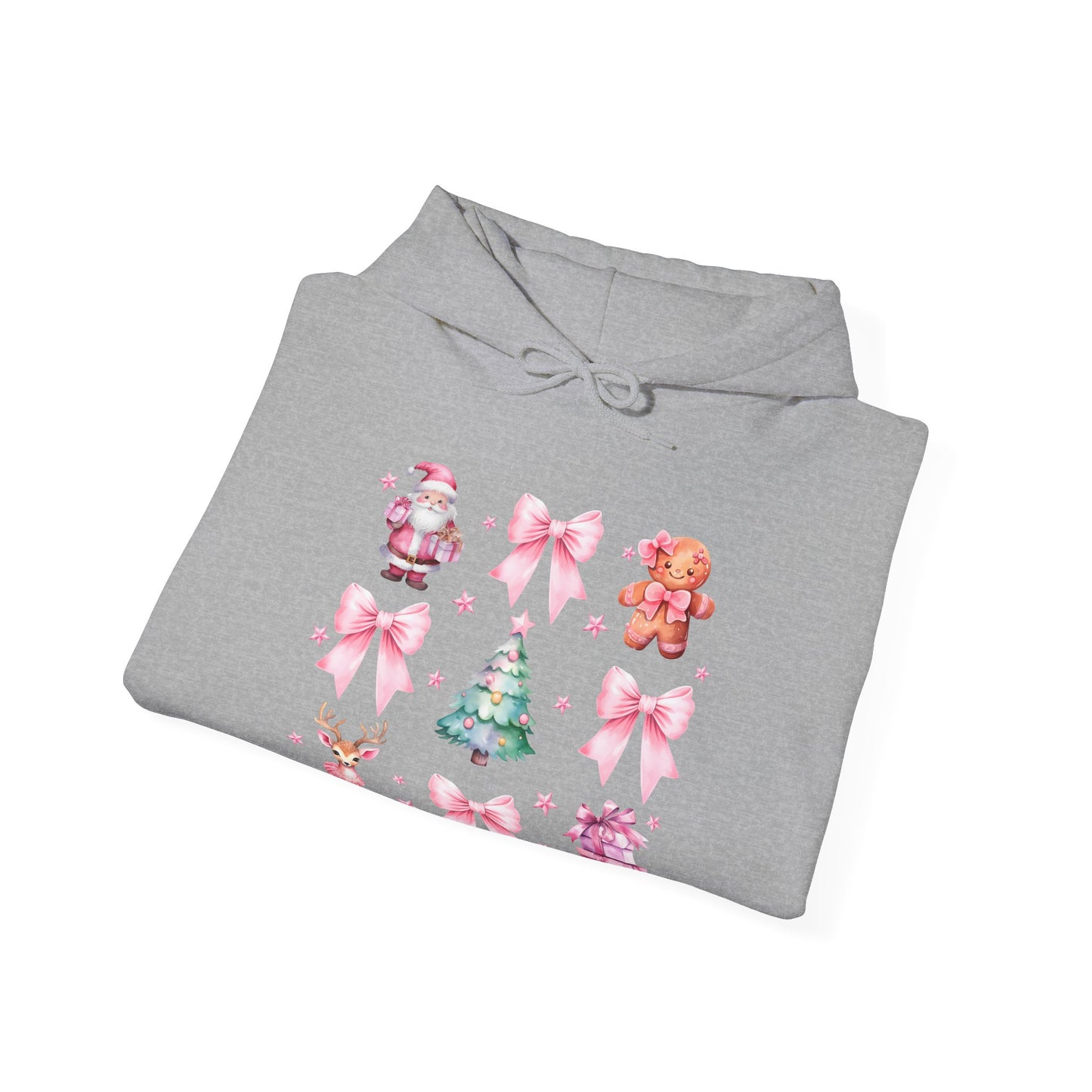 Christmas Graphic Hoodie — Pink Holiday Icons (Santa, Tree, Gingerbread, Bows)