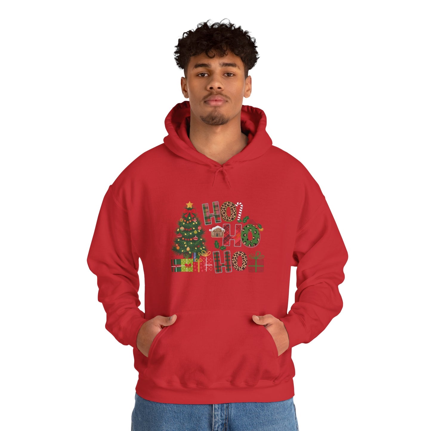 Christmas 'Ho Ho Ho' Hoodie with Tree & Gifts - Festive Holiday Sweatshirt