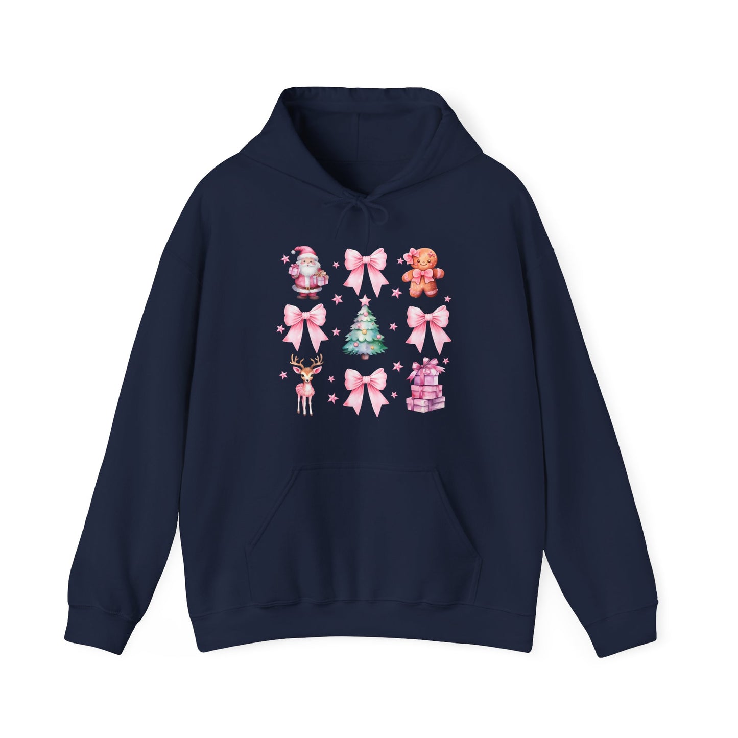Christmas Graphic Hoodie — Pink Holiday Icons (Santa, Tree, Gingerbread, Bows)