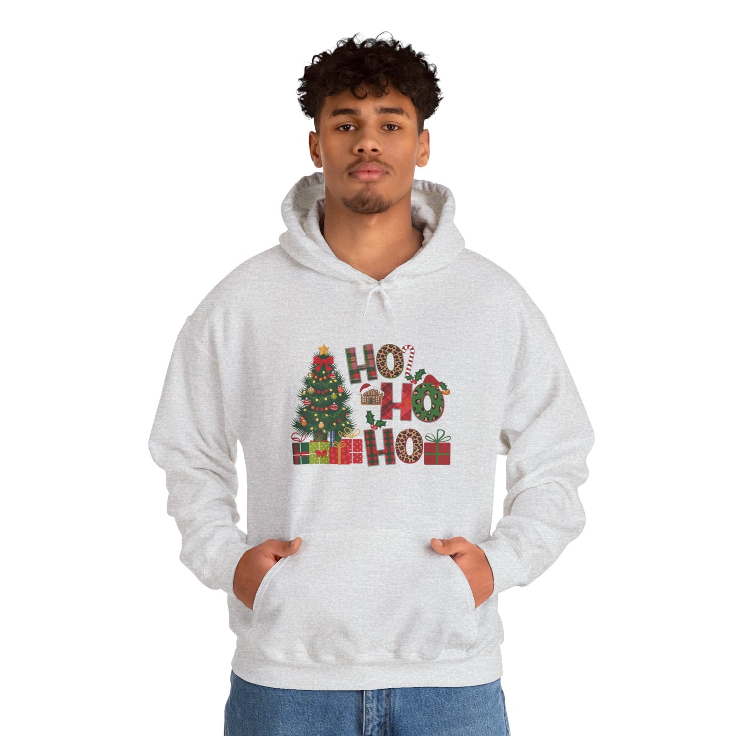Christmas 'Ho Ho Ho' Hoodie with Tree & Gifts - Festive Holiday Sweatshirt