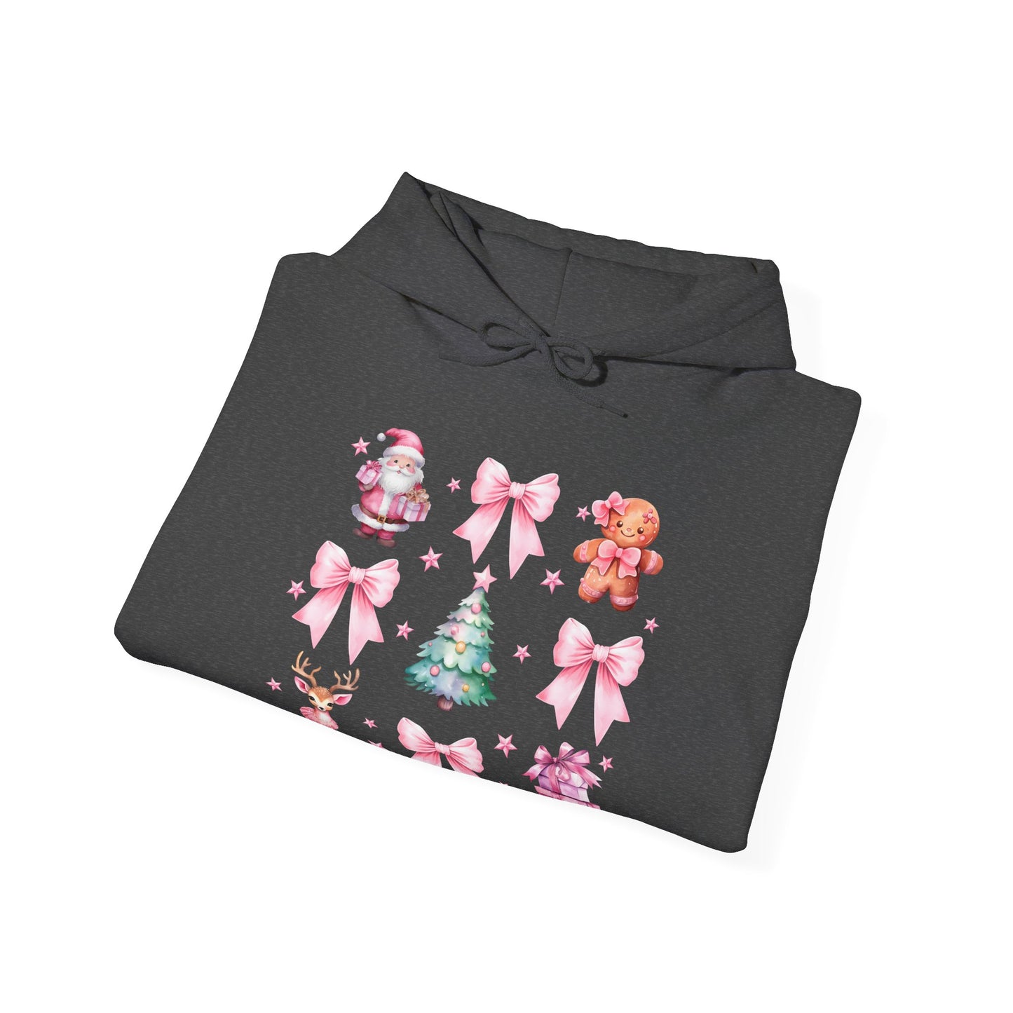 Christmas Graphic Hoodie — Pink Holiday Icons (Santa, Tree, Gingerbread, Bows)