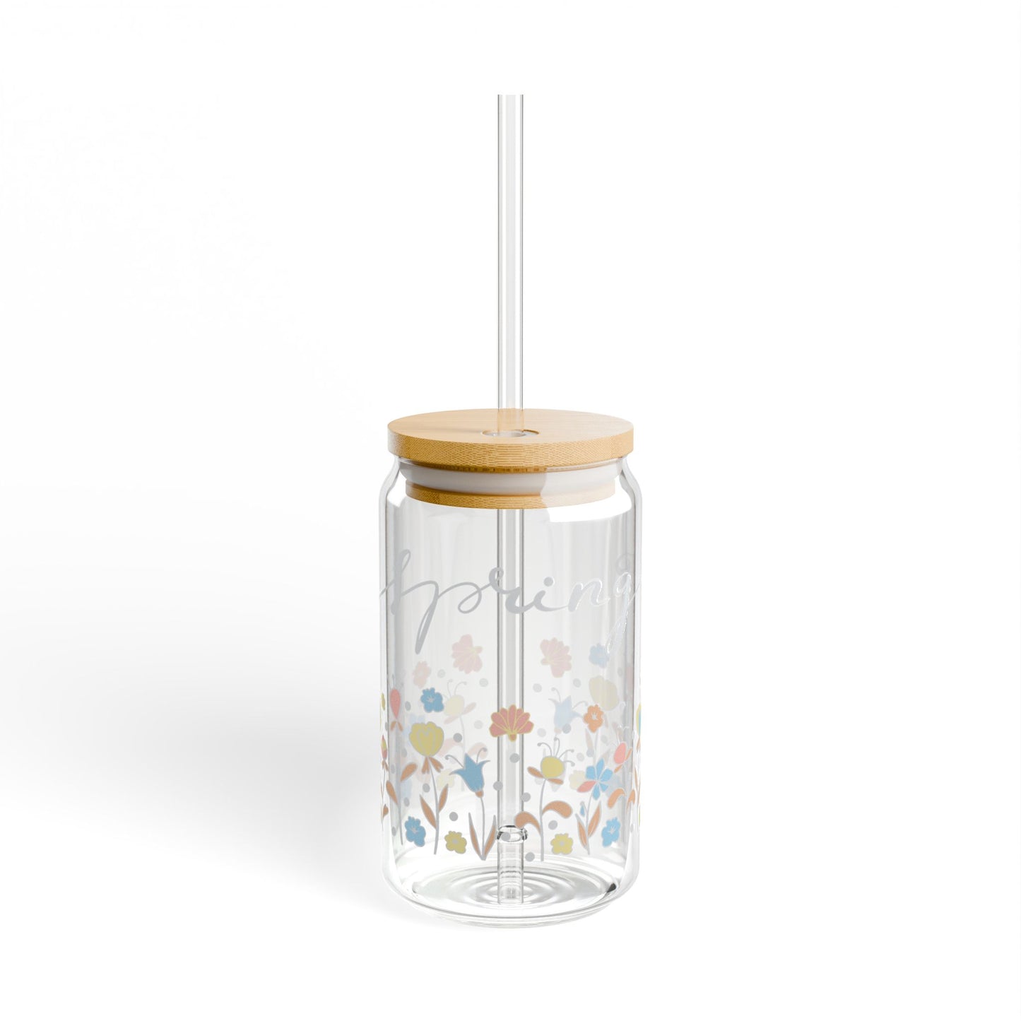 16oz Floral Sipper Glass Tumbler with Bamboo Lid & Straw — Pretty Pastel Flower Design