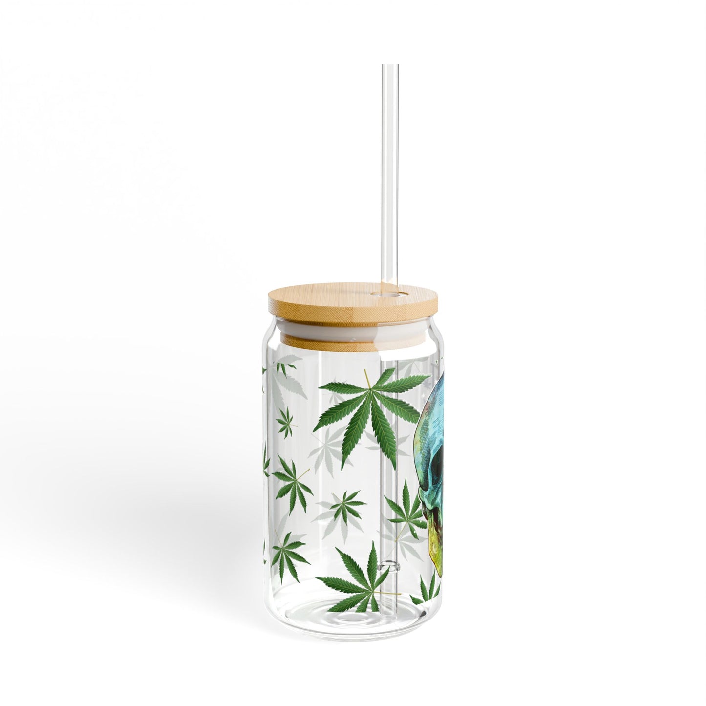 16oz Glass Mason Sipper – “I Bet My Soul Smells Like Weed” Skull & Cannabis Design